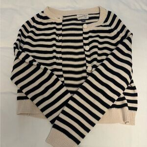 Striped Crewneck Cardigan Sweater - Black & Cream